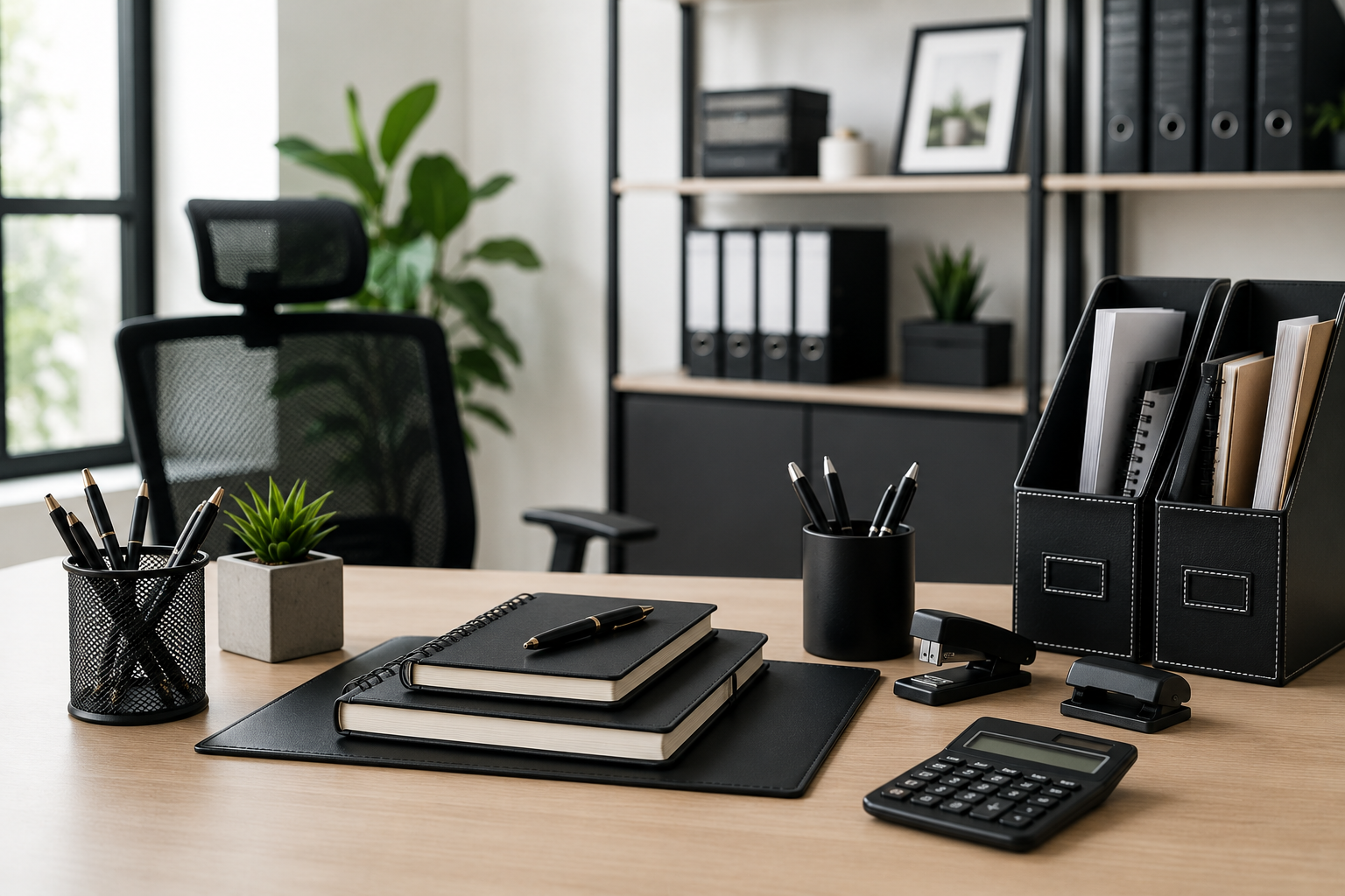 Neat modern office desk with laptop and tablet